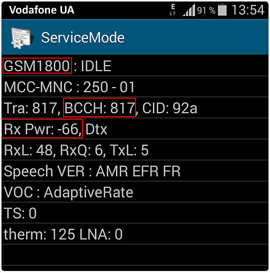 Samsung Сервісне меню для вимірювання сигналу GSM